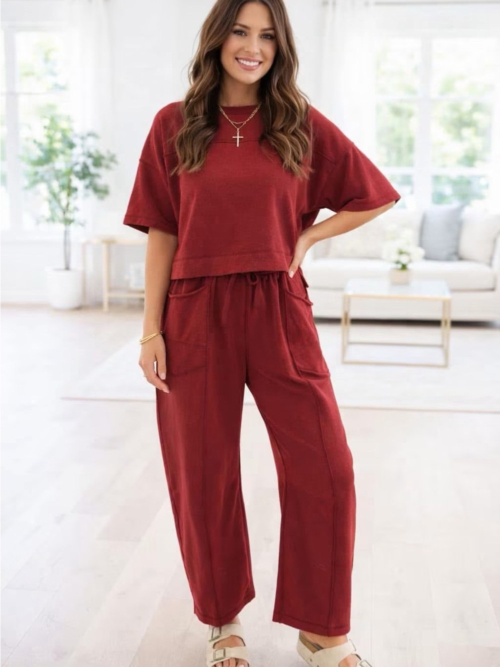 Women's Wide Leg Lounge Pants and Top Set - Brick Red